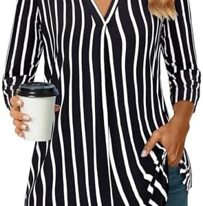 Siddhe Damen V-Ausschnitt 3/4 Ärmel Tunika Tops Longshirt Lässige T-Shirt