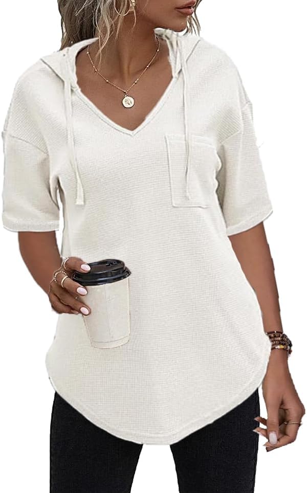 51qnohqghpl. ac .jpg Cuptacc Einfarbigen Hoodie für Damen OEKO-TEX STANDARD 100 Langarm Sweatshirt V-Ausschnitt Drawstring Top