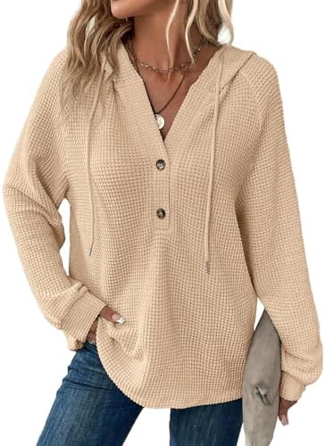 51s0s8q2zal. ac .jpg Cuptacc Hoodie Damen Waffel Locker Kapuzenpullover Mit Knopfleiste V-Ausschnitt Langarm Pullover Für Damen Mit Kapuze