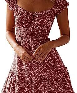 Vasreyy Sommerkleid Damen Kurz Elegant Blumendruck Rüschen Kurzarm Strandkleid Hohe Taille Gesmoktes Elastische A-Linie