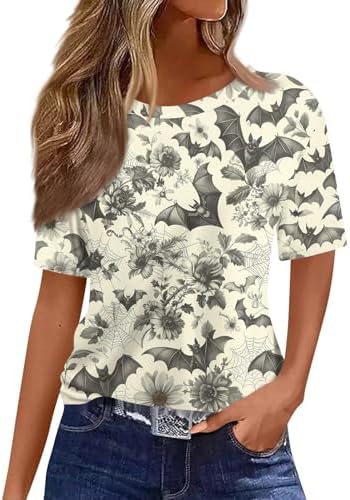 51tfqh9eril. ac 1.jpg Generisch Halloween Damen Kurzarm Blutiges Witzig Trendy Blutspritzer Horror T-Shirts Kürbis-Fledermaus-Print Oberteil