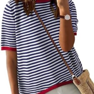 PASUDA Kurzarm T-Shirt Damen Sommer Casual Rundhals Strickpullover Bequem Lose Gestreiftes Top