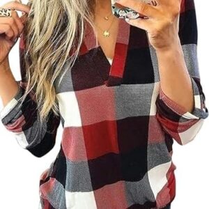 Cuptacc Herbst Plaid Damen Basic Langarmshirt OEKO-TEX STANDARD 100 V-Ausschnitt Casual Bluse
