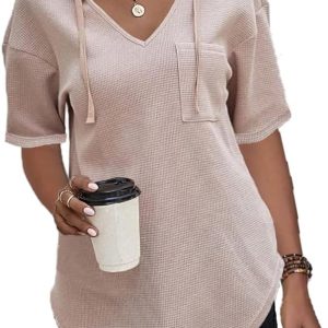 [Cuptacc Langarm Pullover Damen Hoodie V Ausschnitt Sweatshirt Kapuzenpullover Einfarbig Drawstring Top] [Cuptacc Dame