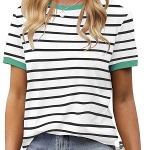 Fisoew Damen Streifen T-Shirt Rundhalsausschnitt Kurzarm Basic Stripe Tee Tops Global Recycled Standard